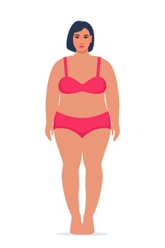 Body positive woman in underwear. Plus size female character. Attractive curvy, overweight girl. Oversize obesity, pretty large lady in beautiful fashionable clothes. Vector illustration.