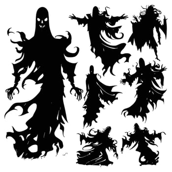 Halloween evil spirit silhouette. Scary nightmare ghost characters, spooky phantom demons mascots set. Torn Clothes ghost silhouettes vector