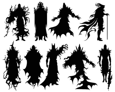 Halloween evil spirit silhouette. Scary nightmare ghost characters, spooky phantom demons mascots set. Torn Clothes ghost silhouettes vector