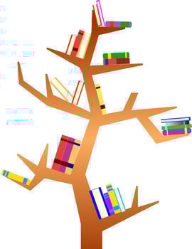 Bookshelf in tree form minimalist design, tree bookshelf vector illustration isolated, education and knowledge for teenager student, bookshelf modern design for interior