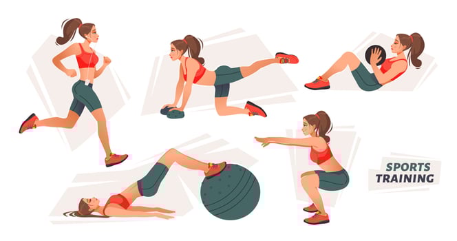 A girl in sports clothes does exercises. The girl is engaged in sports and fitness. Sports training. Cartoon vector illustration.
