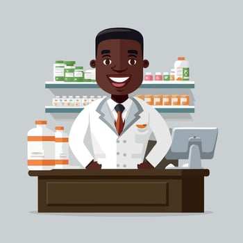 an adult black man working a pharmacist, with shelf of drugstore drugs in the background vector