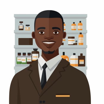 an adult black man working a pharmacist, with shelf of drugstore drugs in the background vector
