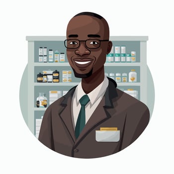 an adult black man working a pharmacist, with shelf of drugstore drugs in the background vector