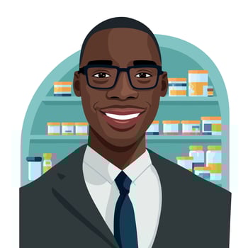 an adult black man working a pharmacist, with shelf of drugstore drugs in the background vector
