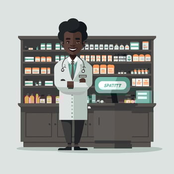 an adult black man working a pharmacist, with shelf of drugstore drugs in the background vector