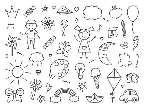 Cute kids doodle set. Children's drawings. Hand drawn vector illustration isolated on white background