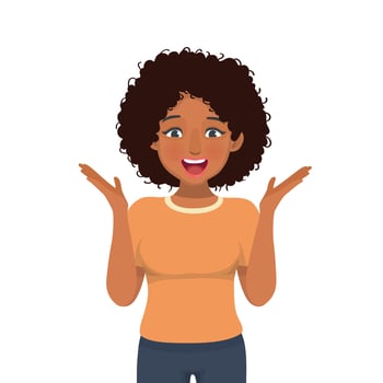 Young African woman feeling excited screaming in surprise with opened mouth and palms showing positive expression vector