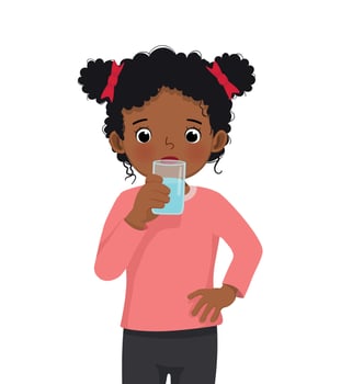 cute little African girl feeling thirsty drink a glass of water vector
