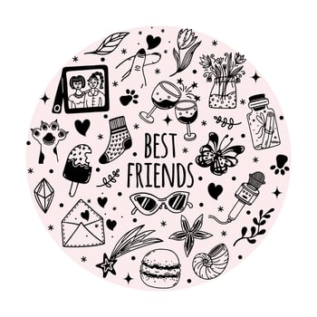 Friendship vector icon set. Friends, colleagues, family. Symbols of good relations - photo of girlfriends hugging, wine glasses, letters, flowers. Respect and support. Simple doodle isolated on white