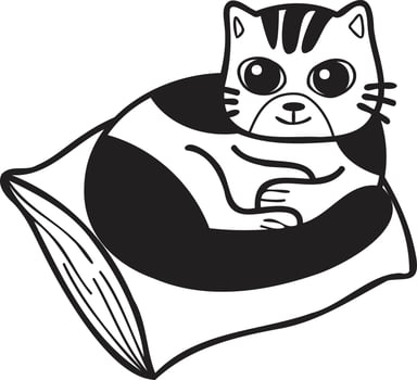 Hand Drawn striped cat sleeping on pillow illustration in doodle style vector