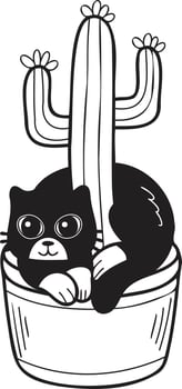 Hand Drawn cat and cactus illustration in doodle style vector