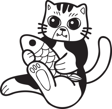 Hand Drawn striped cat eating fish illustration in doodle style png