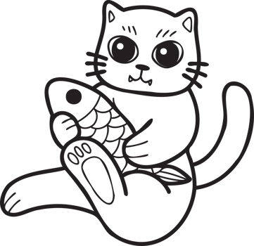 Hand Drawn cat eating fish illustration in doodle style png
