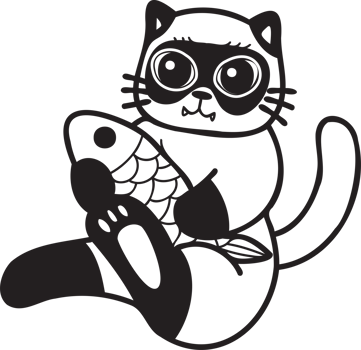 Hand Drawn cat eating fish illustration in doodle style png