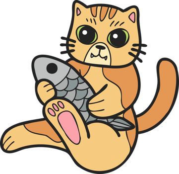 Hand Drawn striped cat eating fish illustration in doodle style png