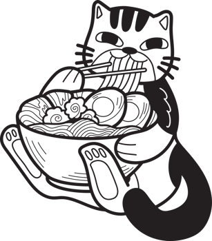 Hand Drawn striped cat eating noodles illustration in doodle style png