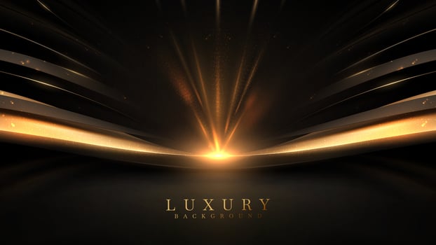 Black luxury background with golden line elements and light ray effect decoration and bokeh. vector