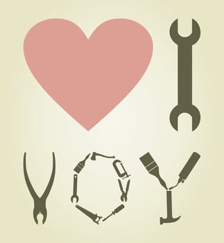 Love inscription from tools. A vector illustration
