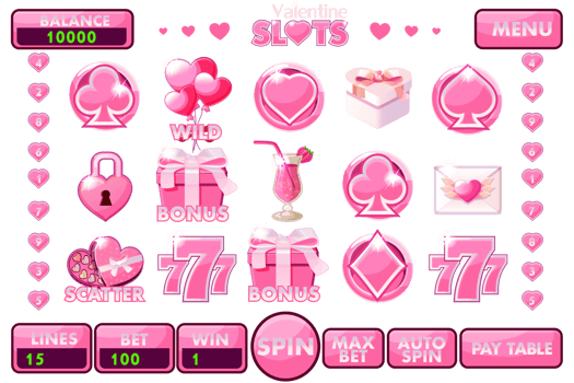 Interface slot machine style St. Valentine. Complete menu of graphical user interface and full set of buttons and icons png