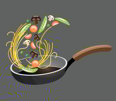 Spaghetti with vegetables cooking in a pan vector illustration