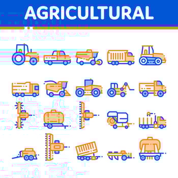 Agricultural Vehicles Vector Thin Line Icons Set