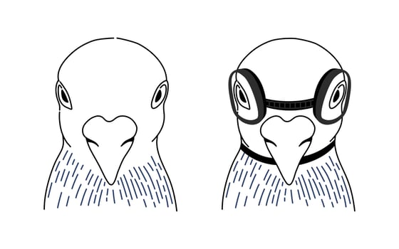 Set of birds wearing goggle glasses on black and white linear vector. vector