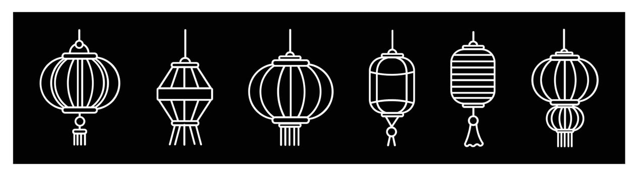 Vector set of Chinese lanterns, Japanese icon  lamp,hanging lanterns of traditional Asian decor. for design on black background.