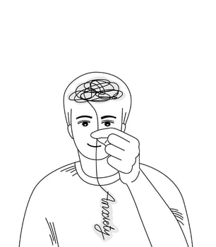 Outline of a man understanding and managing his stress or depress, mental health concept. vector