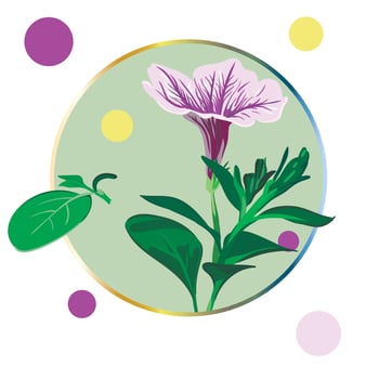 Purple petunia flower framed in a green circle on a white background with colorful polka dots. Green leaves, buds, purple and pink flowers. Realistic vector illustration. Vintage.