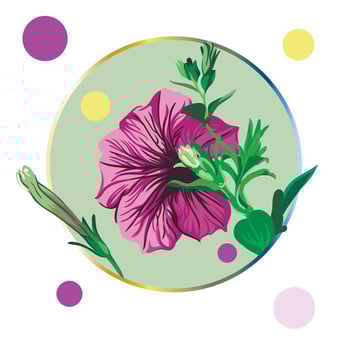 Purple petunia flower framed in a green circle on a white background with colorful polka dots. Green leaves, buds, purple and pink flowers. Realistic vector illustration. Vintage
