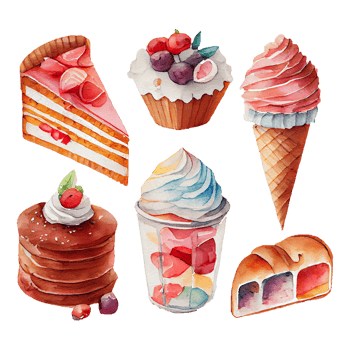 Set of bakery with sweets watercolor painting on transparent background png