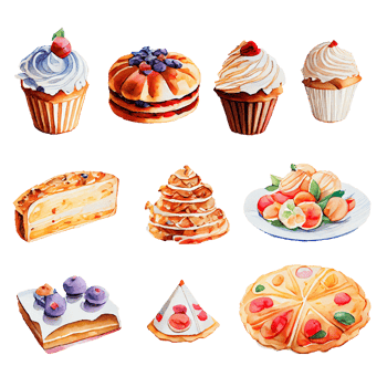 Set of bakery with sweets watercolor painting on transparent background png