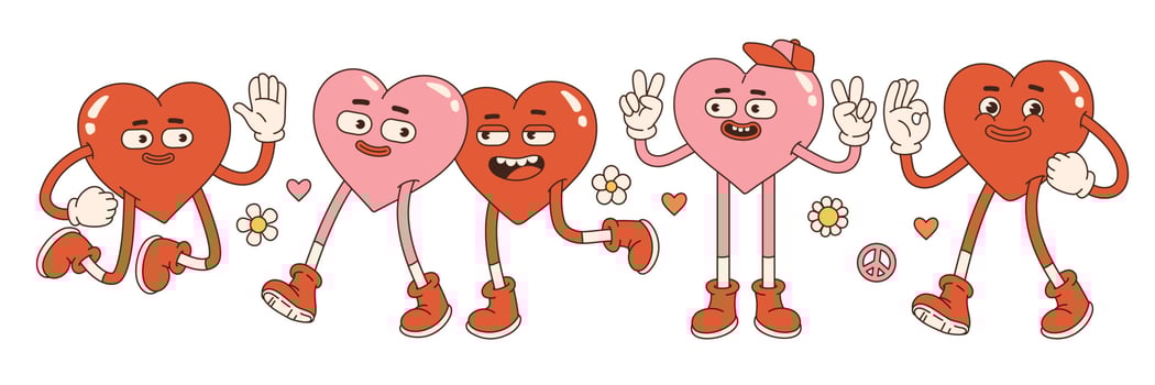 Groovy lovely hearts stickers. Love concept. Happy Valentines day. Pink and red colors. vector
