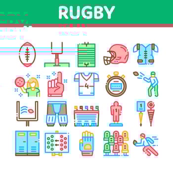 Rugby Sport Game Tool Collection Icons Set Vector