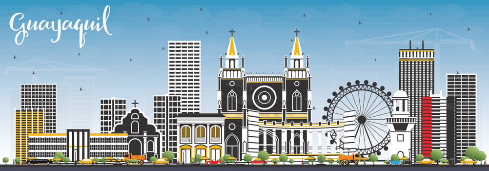 Guayaquil Ecuador City Skyline with Color Buildings and Blue Sky. vector