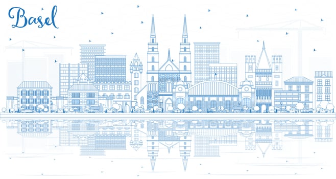 Outline Basel Switzerland City Skyline with Blue Buildings and Reflections. vector