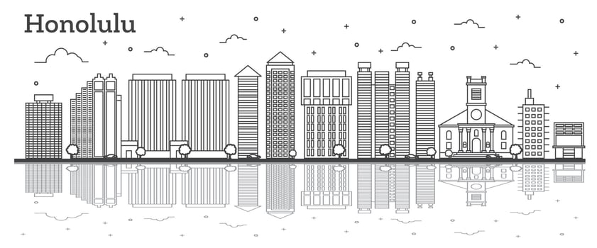 Outline Honolulu Hawaii City Skyline with Modern Buildings and Reflections Isolated on White. vector