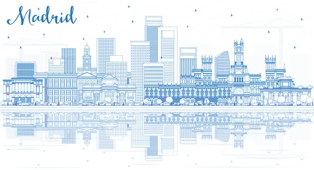 Outline Madrid Spain City Skyline with Blue Buildings and Reflections. vector