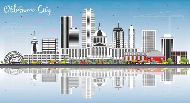 Oklahoma City Skyline with Gray Buildings, Blue Sky and Reflections. vector