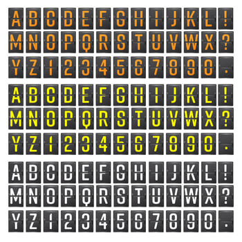 Airport Board Vector. Realistic flip scoreboard airport template. Black 3d airport board with alphabet and numbers. Analog airport board font on dark background. Destination airport board eps vector