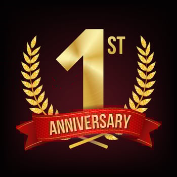 1 Year Anniversary Vector. One, First Celebration Banner. Gold Digit Sign. Number One. Laurel Wreath. For Business Cards, Postcards, Flyers Event Design. Illustration vector