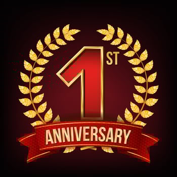 1 Year Anniversary Banner Vector. One, First Celebration. Shining Gold Sign. Number One. Laurel Wreath. Red Ribbon. For Business Event Design. Illustration vector