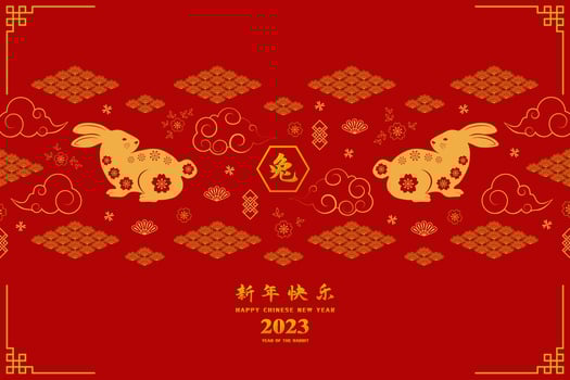 Happy chinese new year 2023,year of the rabbit with asian elements on red background vector