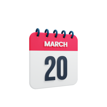 March Realistic Calendar Icon 3D Illustration Date March 20 png