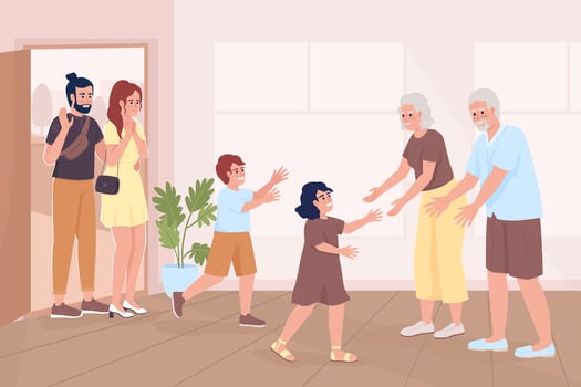 Family meeting flat color vector illustration. Bonding with grandkids. Visiting grandparents house for summer. Fully editable 2D simple cartoon characters with cozy house interior on background