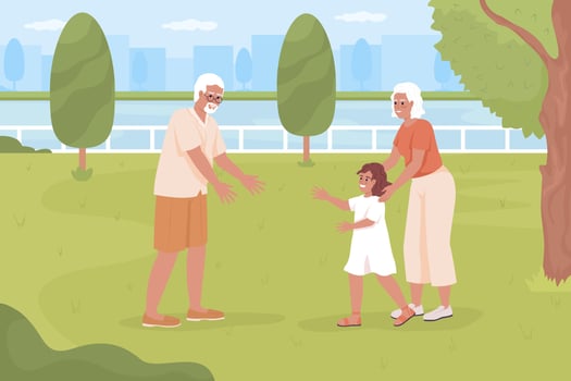 Spending time with grandkids at park flat color vector illustration. Granny introducing granddaughter to grandpa. Fully editable 2D simple cartoon characters with urban green space on background