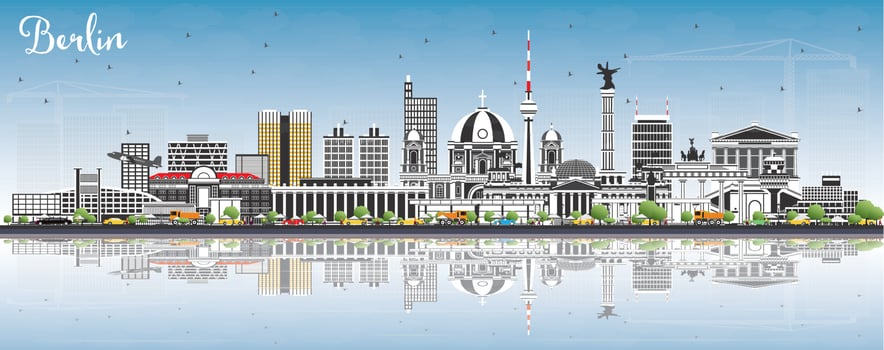 Berlin Germany Skyline with Gray Buildings, Blue Sky and Reflections. vector