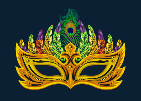 Carnival yellow mask decorated with beads, bundle of colorful feathers. Detailed illustration in vintage style vector