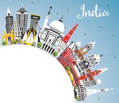 India City Skyline with Color Buildings, Blue Sky and Copy Space. vector